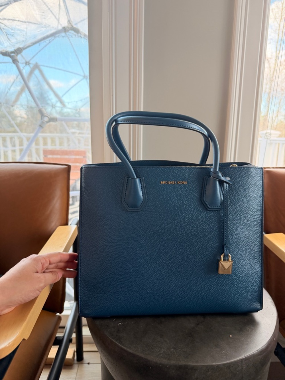 Michael Kors Navy Blue Pebbled Leather Satchel with Gold Hardware